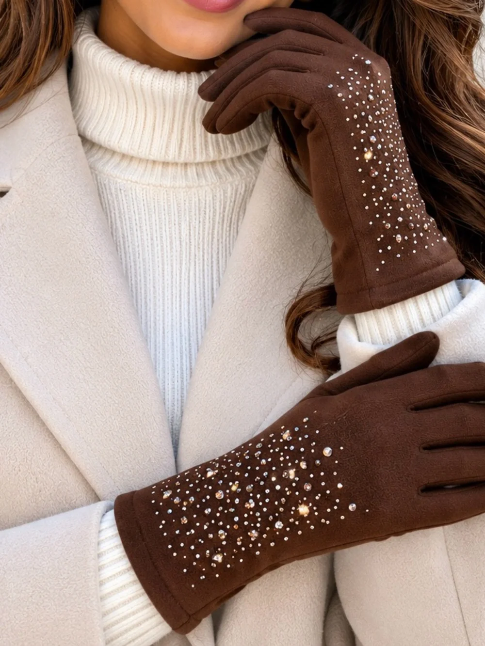 Embellished Brown Women's Winter Gloves